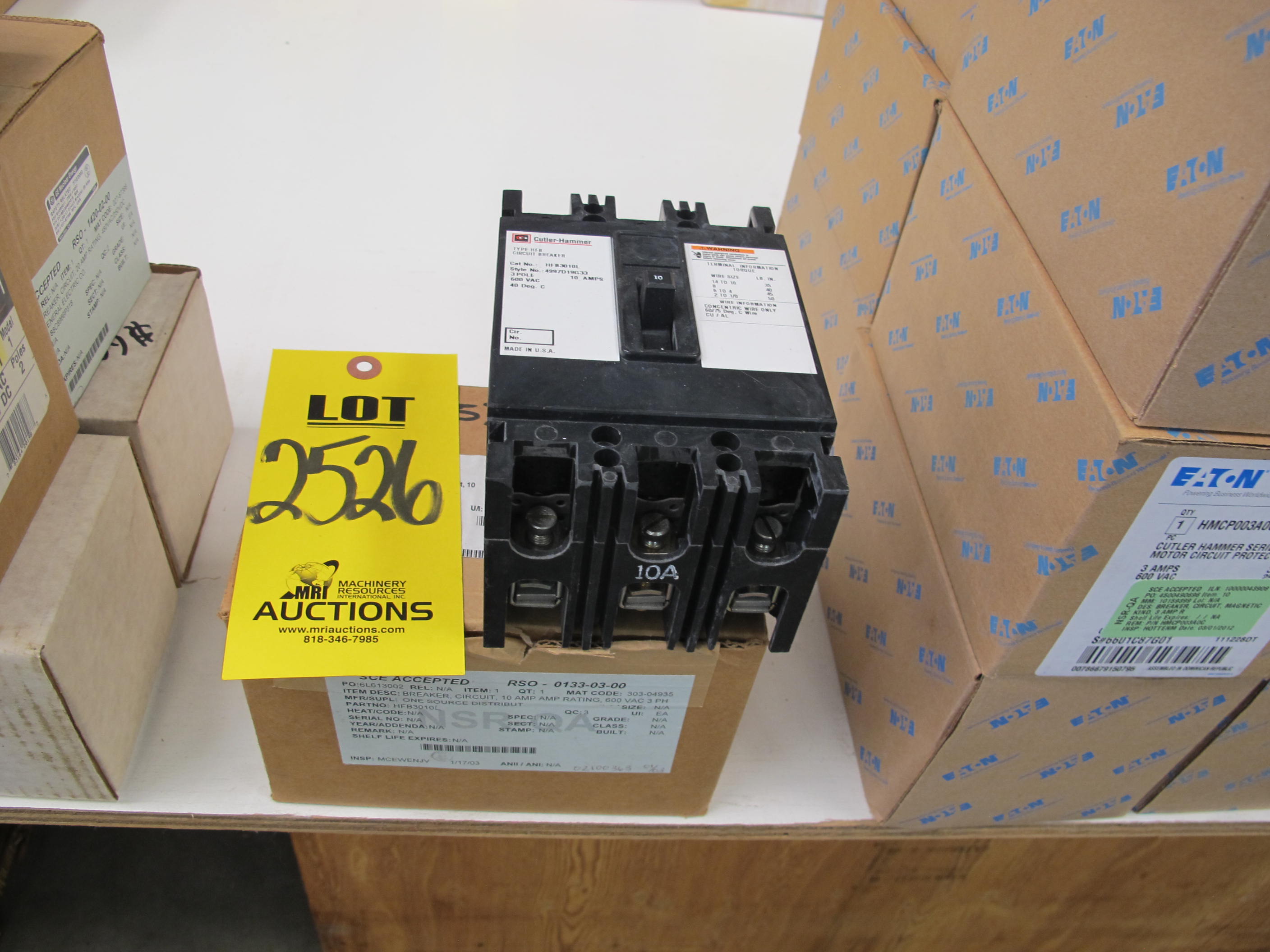 BREAKER, CIRCUIT TYPE, 10 AMP RATING, 600 VAC VOLT RATING, 3 POLE, THERMAL MAGNETIC KIND. MOLDED CASE, WITH LINE AND LOAD LUGS. STATEMENT VENDOR IS AUTHORIZED MFR REPRESENTATIVE. DOCUMENT MCCB IS DIRECTLY TRACEABLE TO MFR. PART # HFB3010L (W-44) LOADING & HANDLING FEE $5-